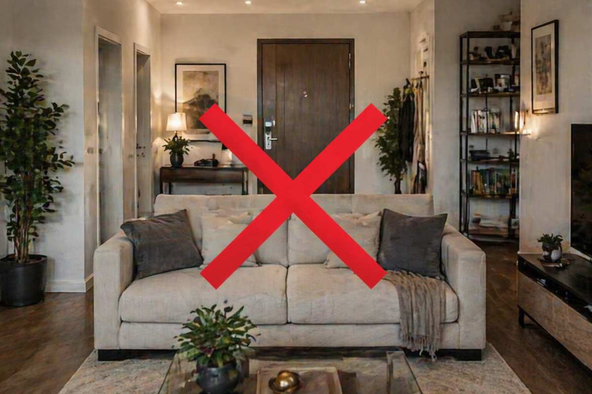 divano posizionato d'avanti alla porta dìingresso