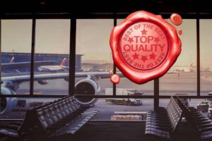 veduta delle piste di un aereoporto e scritta top quality