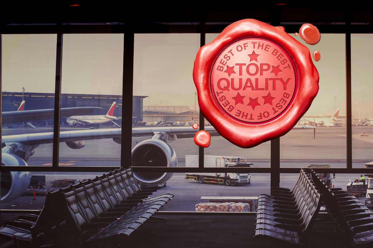 veduta delle piste di un aereoporto e scritta top quality