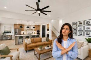 donna fa cenno negativo in cucina open space