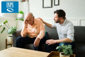 uomo consola anziano disperato e logo inps